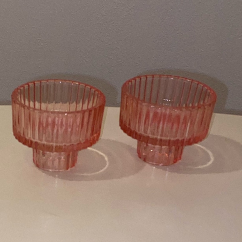 Set of 2 Pink Glass Reversible Candle Holders for Tea Lights & Candlesticks